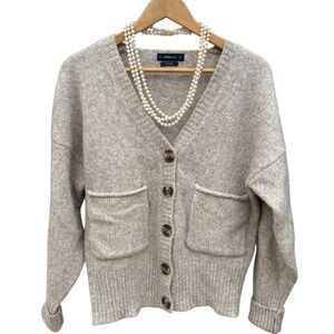 Zara Women's  Beige Merino Wool Blend Cardigan Sweater